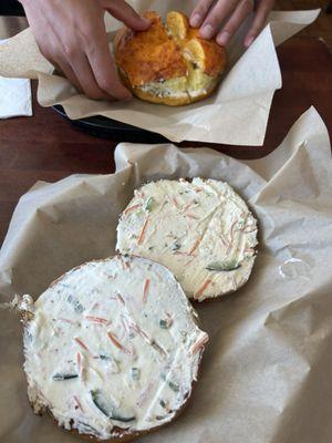 Breakfast sandwich and bagel with the garden veggie cream cheese