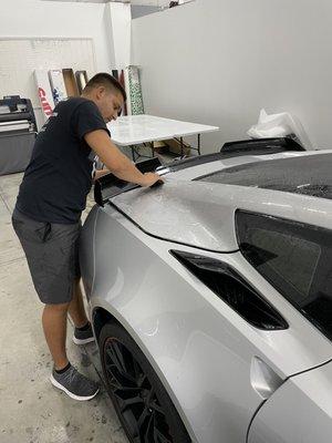 2019 Corvette Z06 receiving paint protection film on the entire vehicle.