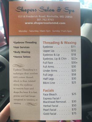 Updated menu of services