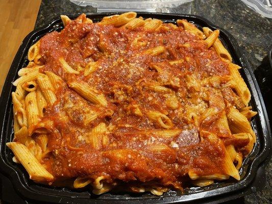 Pasta Bucket with meat sauce rich and delicious- ziti as the pasta option