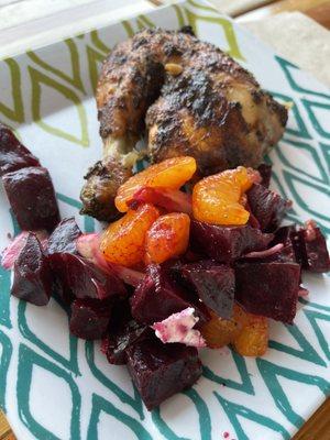 One piece lemonade chicken with beet salad.