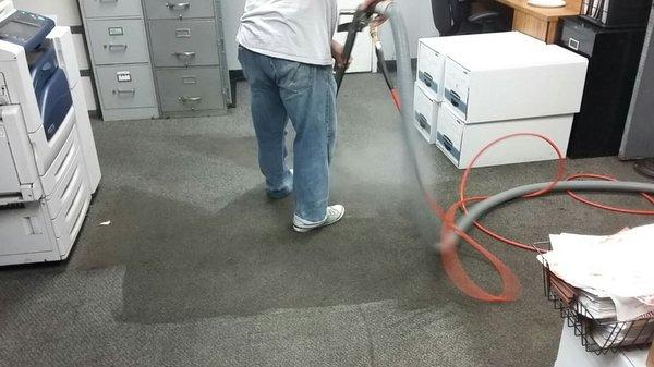 Steam Cleaning of Commercial Office. A combination of Heat, Pressure and Expertise transformed this carpet.