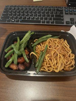 noodles, string beans, bourbon chicken