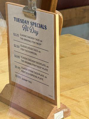 Taco Tuesday menu as of Sep 2023