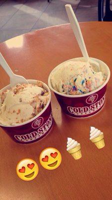 Great ice cream! Peanut butter ice cream with butterfingers on the left. Sweet cream ice cream with rainbow sprinkles on the right.