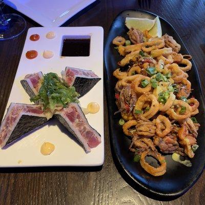 Calamari and tuna tartar triangles.