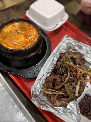 Seafood tofu soup and bulgogi