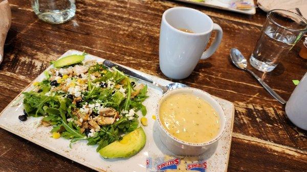 Chicken avocado salad and broccoli cheddar soup