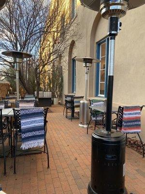 Outside seating with heat lamps and blankets