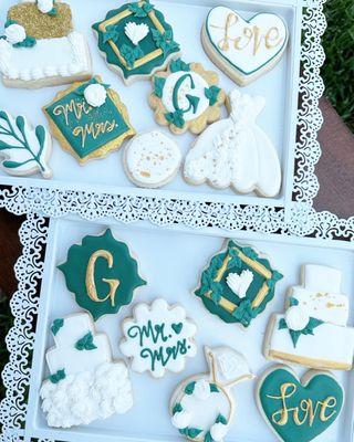 Green gold and white wedding themed sugar cookies