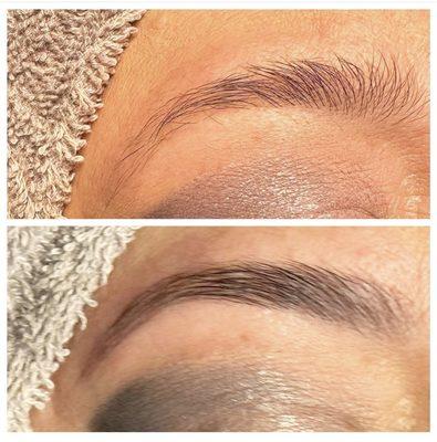 Before & After Brow Lamination, tint, & shaping.