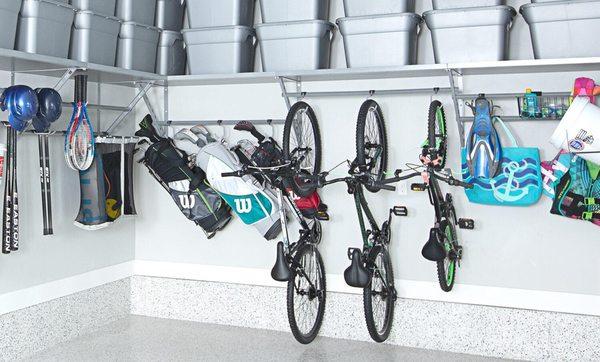 Keep those bikes off the floor with our layered shelving system and versatile accessories.