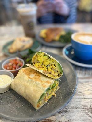 Breakfast Burrito with avocado & side of jalapeño cream cheese