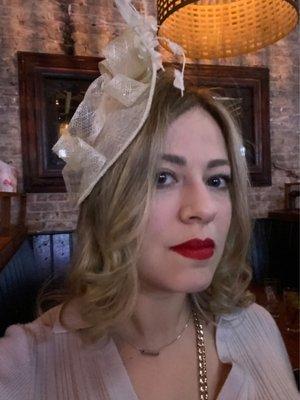 Wearing the fascinator I made at a Kentucky Derby party