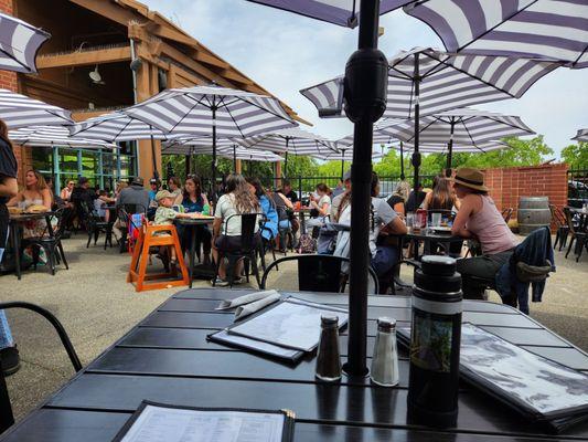 Fantastic patio. Great ambiance, nicely spaced, long tall family table, umbrellas, comfortable metal seats. 7-14-24