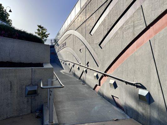 The ramp leading to a tunnel on the Southbound route side (closest to the Transit center & buses) 5/26/24