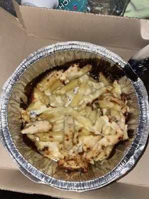 Chicken Alfredo . How I received it . Looks like someone ate half of it