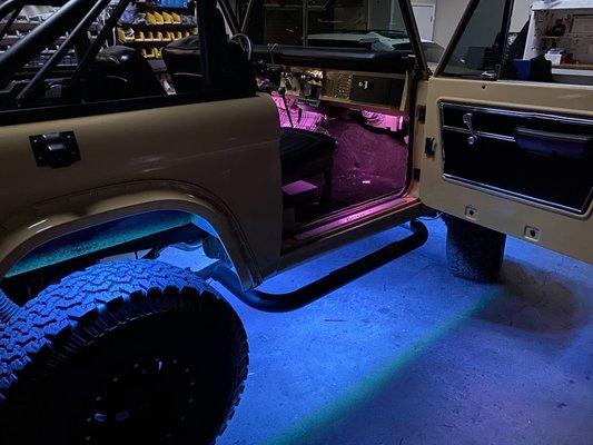 Interior and exterior LED kit in a custom Bronco