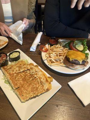 Steak quesadilla, burger