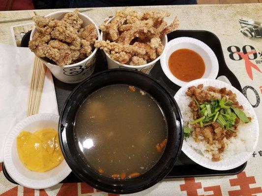 Left: salt and pepper chicken, right: salt and pepper squid, the braised spareribs herbs and soup and house mixed pork on ribs