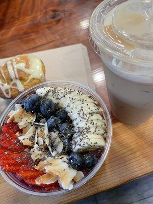 Iced coffee, aci bowl, and a lemon poppyseed muffin