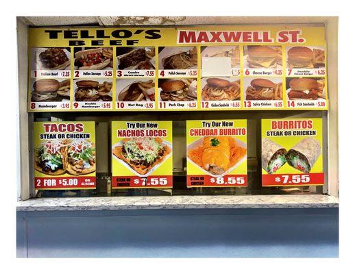 Wall Menu @ Tello's Beef Maxwell St. 711 W Roosevelt Rd, Maywood, IL Nice & Quick Service. Cool!