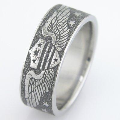 Laser carved ring in an old aviator style motif. www.BooneRings.com