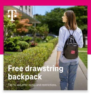 T-Mobile Tuesday FREE Drawstring Backpack  X 2 (2 phone lines) on 8/16/22