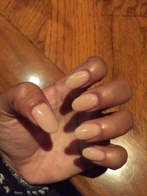 Acrylic nails with gel powder on them. A couple days into my manicure. Almond shape