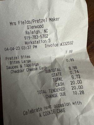 Charged .99 for a cheese dip. A large $8 pretzel should come w at least one free dip!