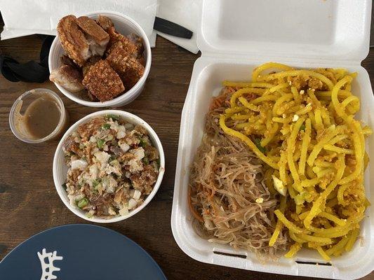 Pancit combo with Lechon Kawali and Sisig