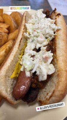 Chili, mustard, slaw hot dog