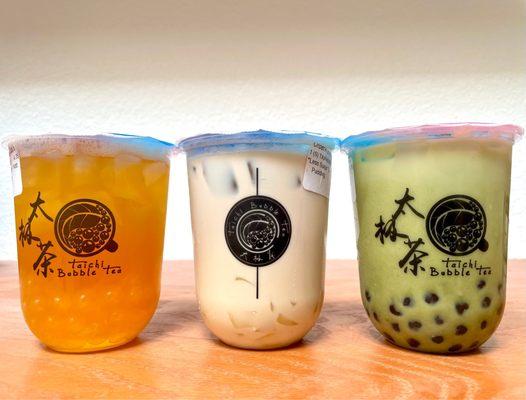 Passion fruit tea w/ passion fruit (popping) boba, original Taichi milk tea w/ egg pudding, and matcha milk tea w/ boba