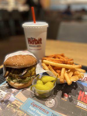 #2 Double Char Portobello Burger With Cheese, Half Fries Half Sweet Potato Fries, Regular Size Soft Drink, Side Banana Peppers.