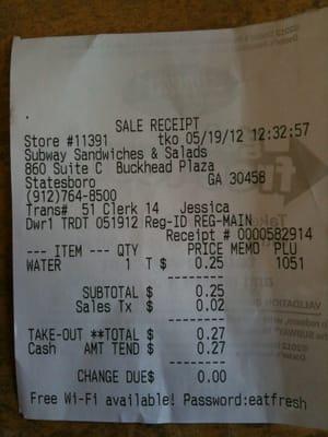 Receipt showing charge for water.