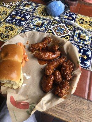 Honey-Chipotle Chicken Crispers, Honey-Chipotle Boneless Wing, and 2 Big Mouth Bites (boyfriend's meal)