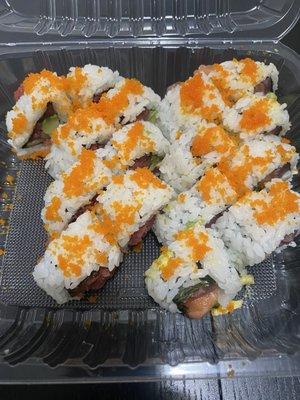 #2 and #15 spicy tuna rolls and salmon,tuna and shrimp rolls