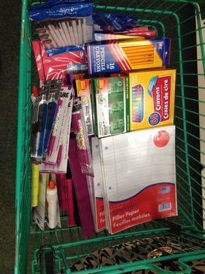 Cart full of back to school supplies to donate to Orangewood Children's Foundation!