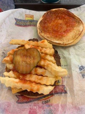 Junior burger topped with fries