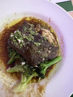 Steak over mushroom smashed potatoes with veggie