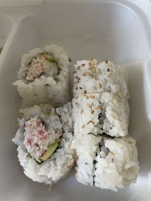 Rice of California roll was not mixed with vinegar/sugar properly. Tasted like they just used regular rice.