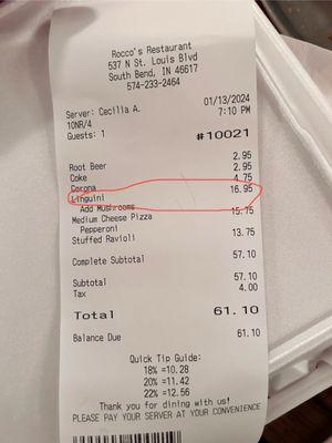 Charged me a higher price on my pasta