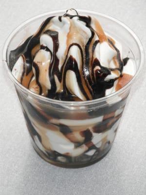 Sweet and Salty--Soft-serve with chocolate and caramel sauces, topped with a dusting of sea salt