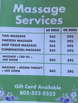 Massage price 
Updated 2023