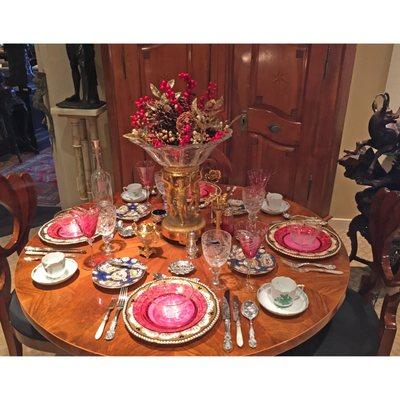 Holiday Table Setting: Austrian Biedermeier Table, Herend Porcelain, Steuben Glass, Sterling Silver Flatware, Webb Crystal