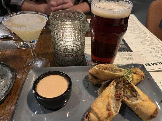 Philly egg rolls (delicious), "snack" margarita is tiny.