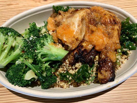 Chicken a la brasa with pineapple chutney salsa on a bed of quinoa and farro.