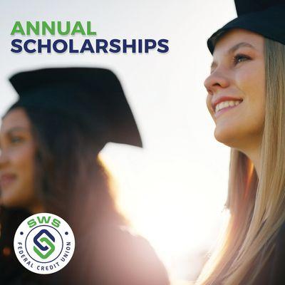 "Annual Scholarships", logo, woman with cap and gown.