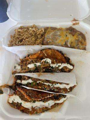 Parmesan enchilada taco chicken, ground turkey, and steak, with rice and beans