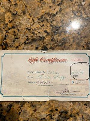 Gift certificate "owner" says was 2 years old. I circled the date so you can see it's 14months old, not 2 years.